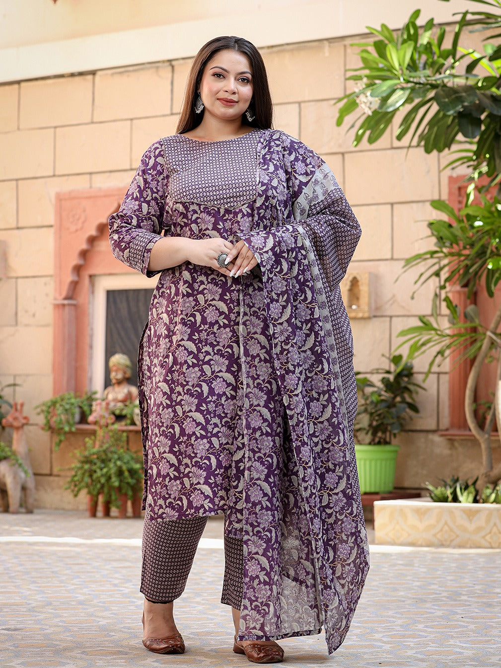 Plus Size Floral Printed Pure Cotton Straight Kurta & Trousers With Dupatta-Yufta Store-1219PSKDPR3XL