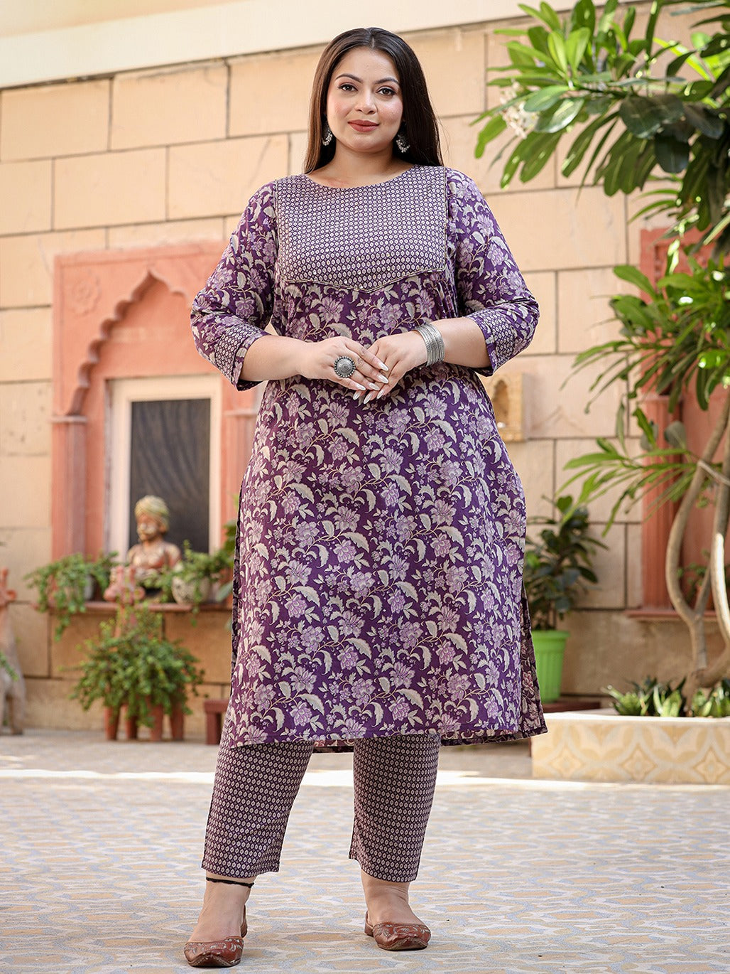 Plus Size Floral Printed Pure Cotton Straight Kurta & Trousers With Dupatta-Yufta Store-1219PSKDPR3XL