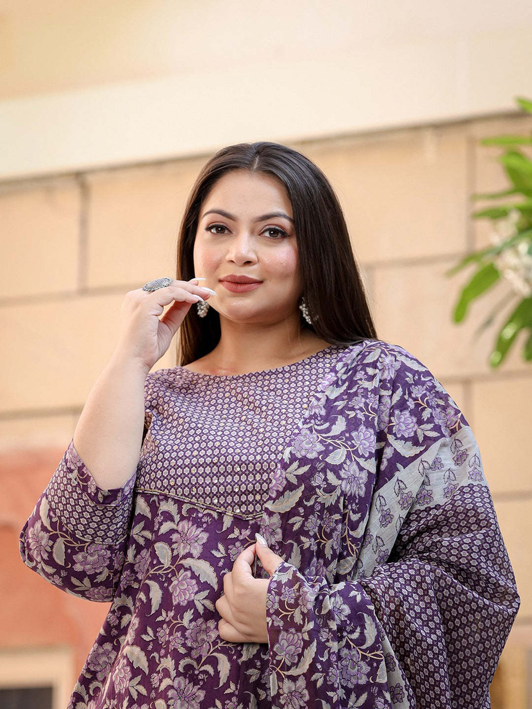 Plus Size Floral Printed Pure Cotton Straight Kurta & Trousers With Dupatta-Yufta Store-1219PSKDPR3XL