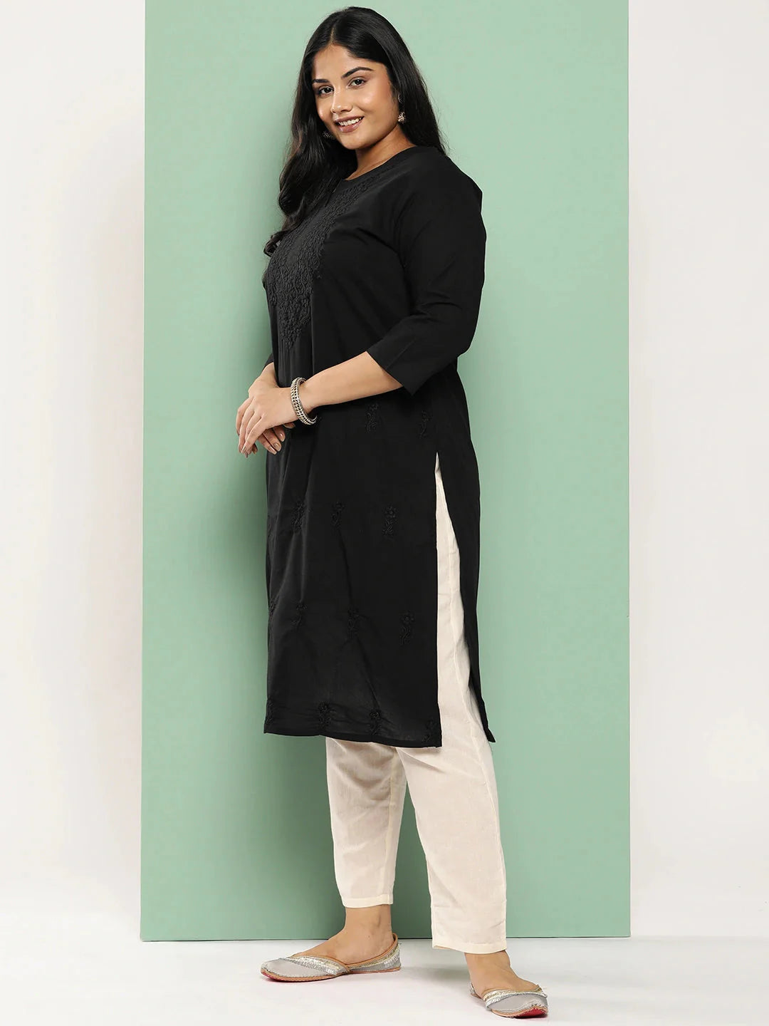 Black Straight Plus Size Kurta For Women-Yufta Store-1285PKURBK3XL