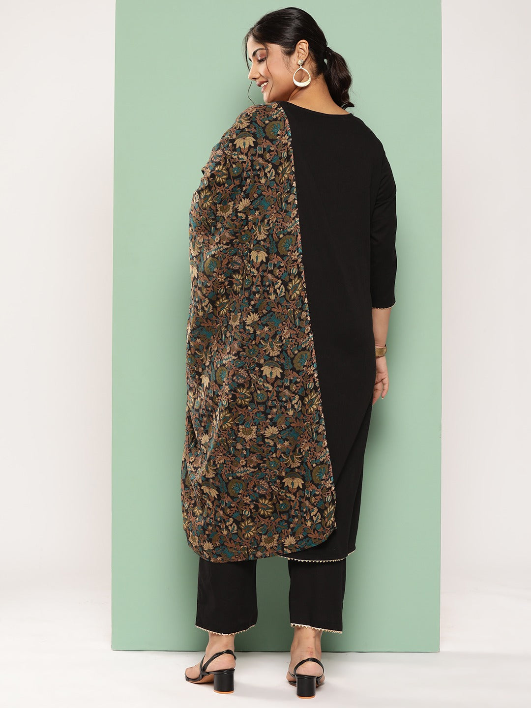 Plus Size Floral Yoke Design Sequined Cotton Kurta with Trousers & Dupatta-Yufta Store-9303PSKDBK3XL