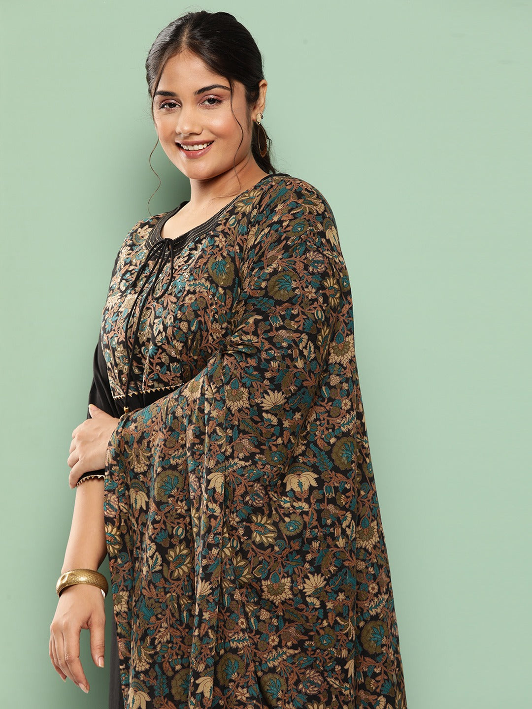 Plus Size Floral Yoke Design Sequined Cotton Kurta with Trousers & Dupatta-Yufta Store-9303PSKDBK3XL