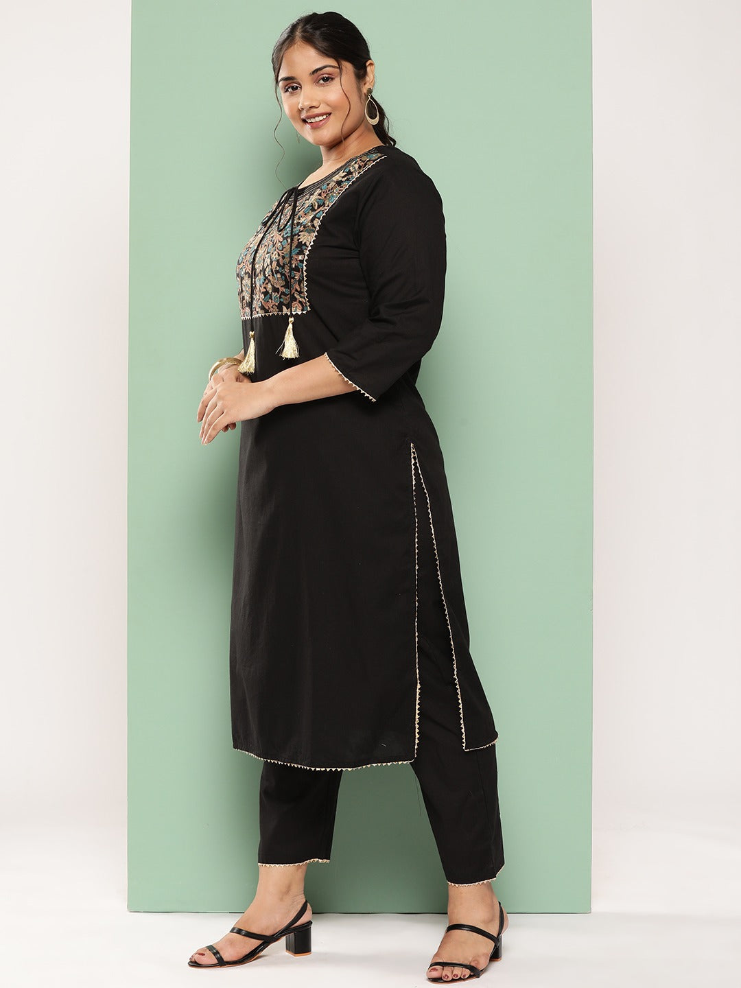 Plus Size Floral Yoke Design Sequined Cotton Kurta with Trousers & Dupatta-Yufta Store-9303PSKDBK3XL