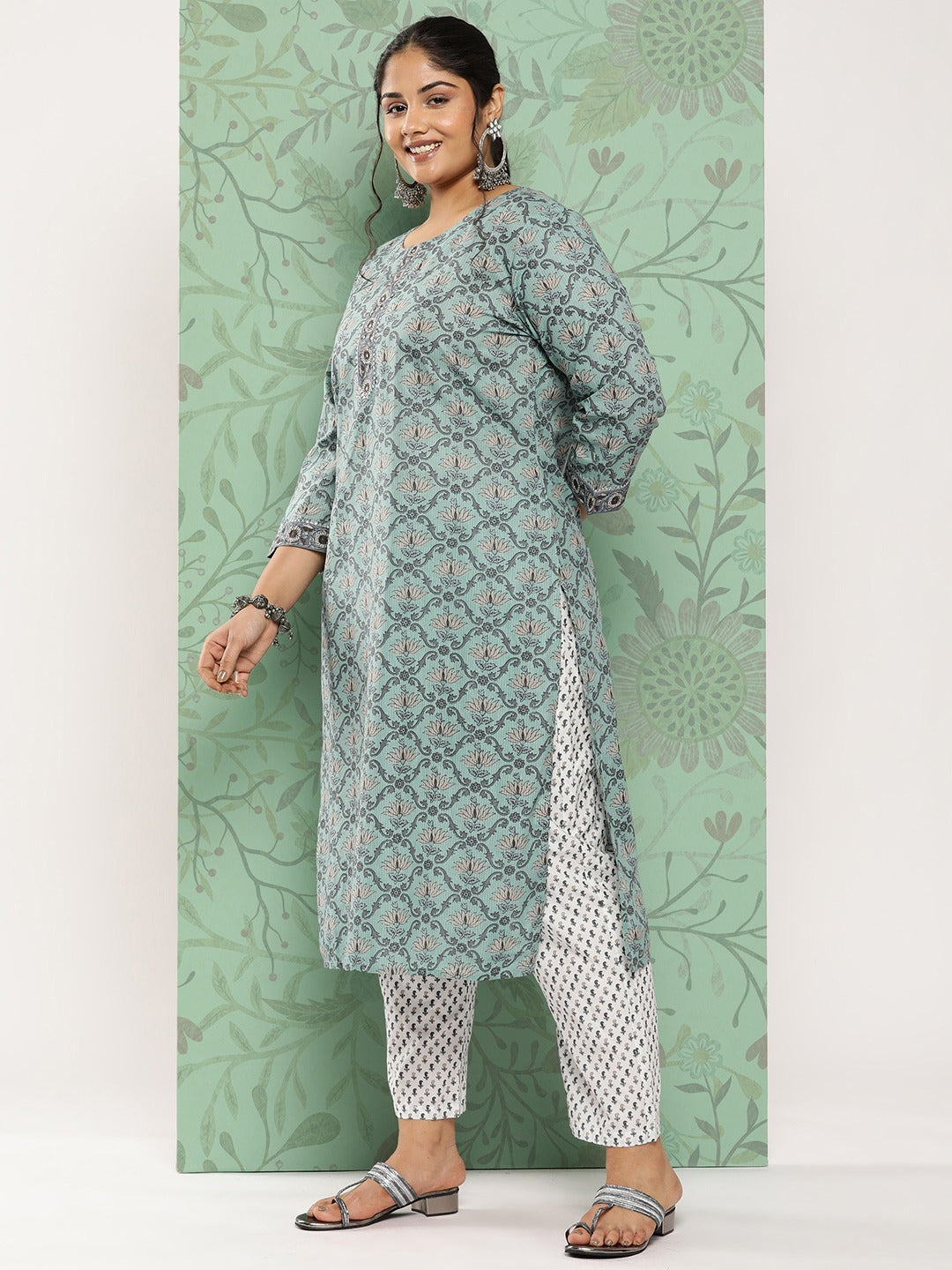 Plus Size Gotta Patti Cotton Kurta Dupatta Set-Yufta Store-9788PSKDGR3XL