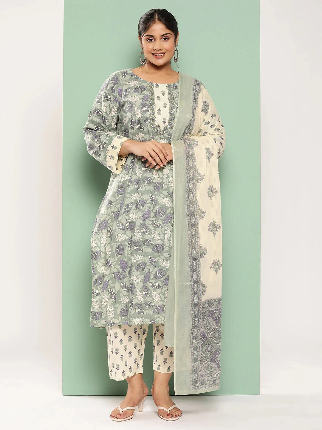 Plus Size Green Floral Printed Pure Cotton Kurta with Trousers & With Dupatta-Yufta Store-1254PSKDGR3XL