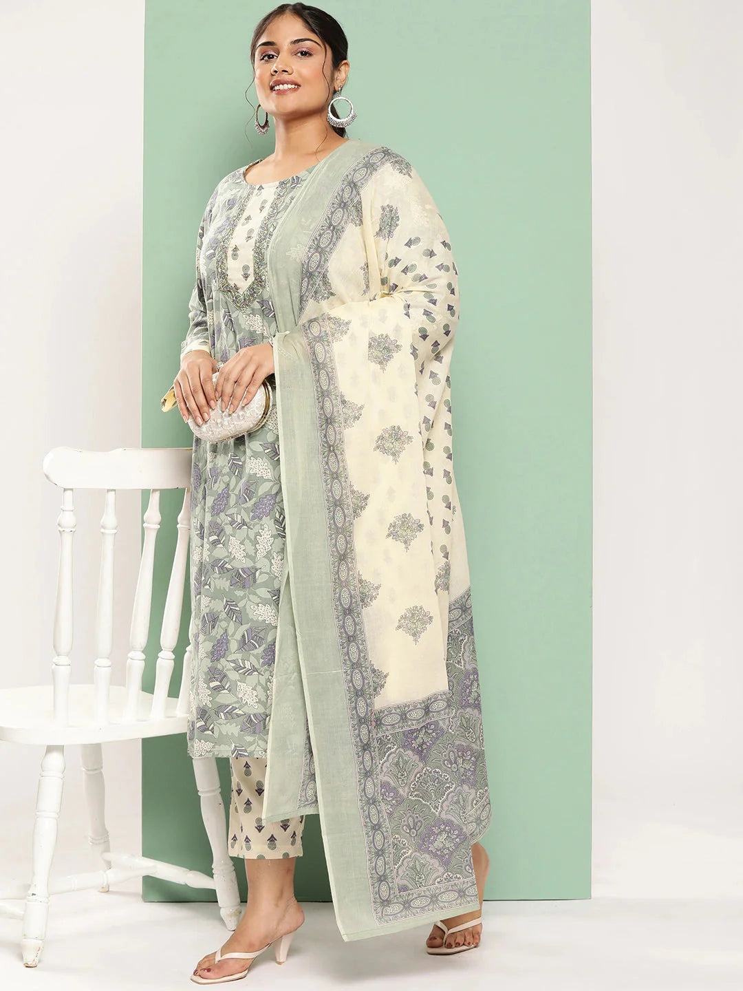 Plus Size Green Floral Printed Pure Cotton Kurta with Trousers & With Dupatta-Yufta Store-1254PSKDGR3XL