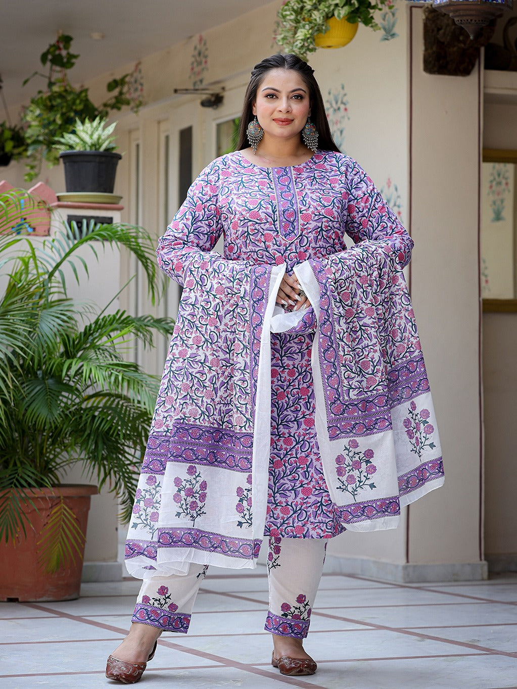 Plus Size Lavender & White Printed Dupatta Set-Yufta Store-8053PSKDLV3XL