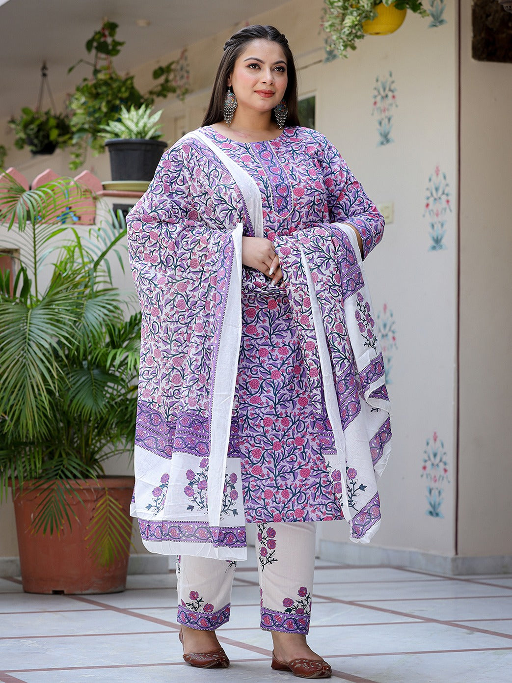 Plus Size Lavender & White Printed Dupatta Set-Yufta Store-8053PSKDLV3XL