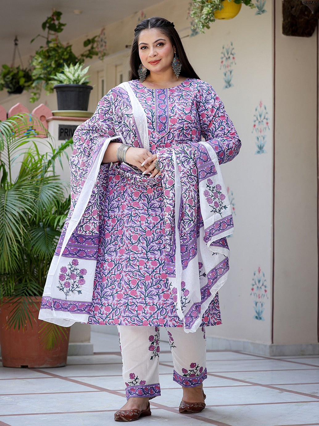 Plus Size Lavender & White Printed Dupatta Set-Yufta Store-8053PSKDLV3XL