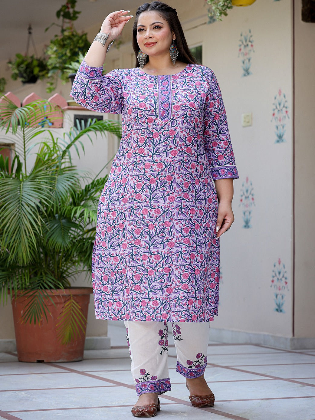 Plus Size Lavender & White Printed Dupatta Set-Yufta Store-8053PSKDLV3XL