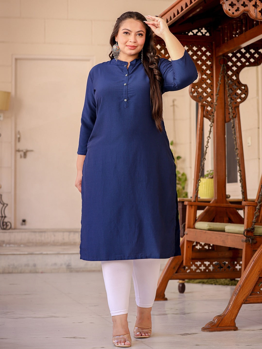 Blue Plus Size Kurta With Mandarin Collar-Yufta Store-1281PKURBL3XL