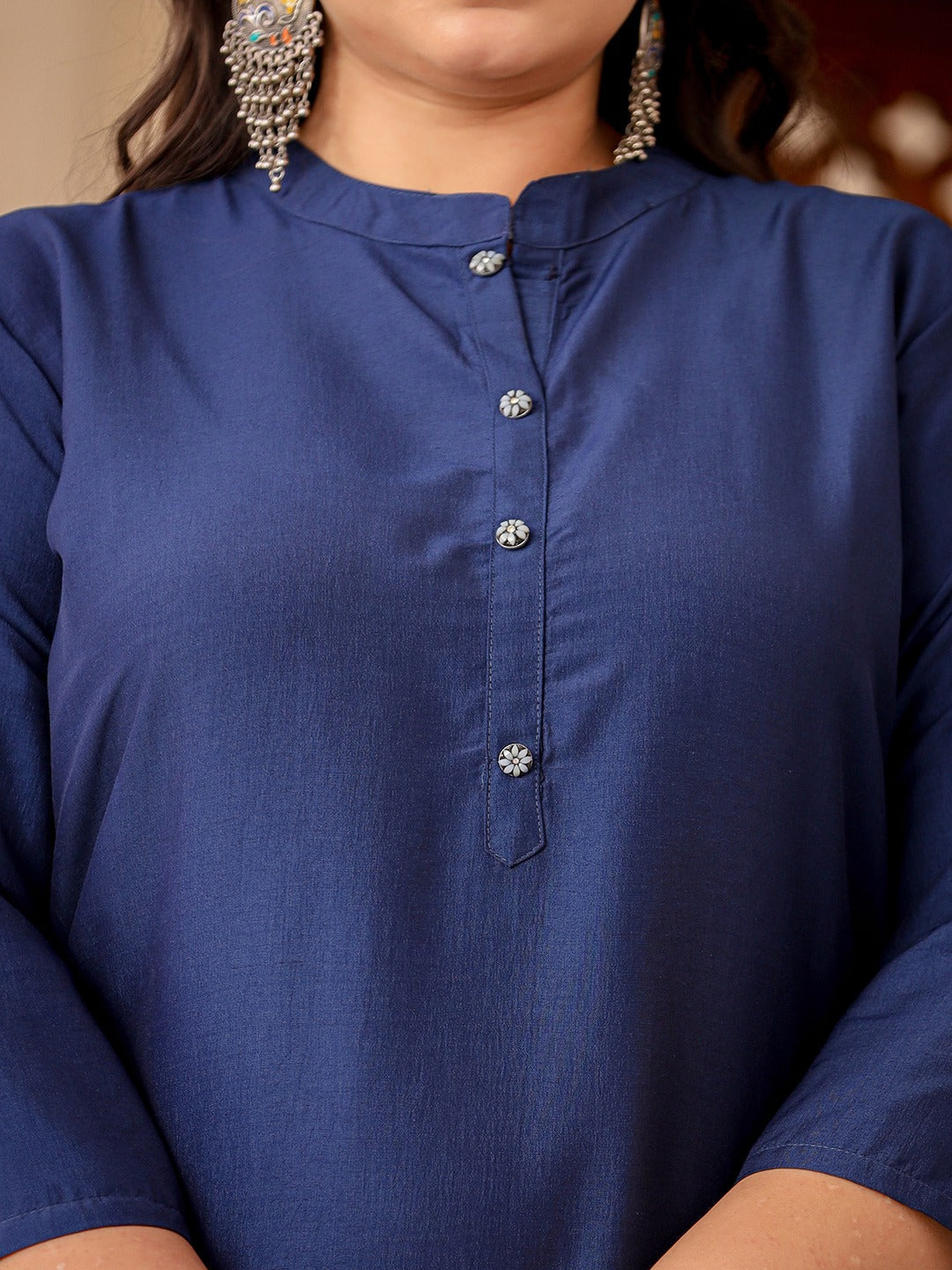 Blue Plus Size Kurta With Mandarin Collar-Yufta Store-1281PKURBL3XL