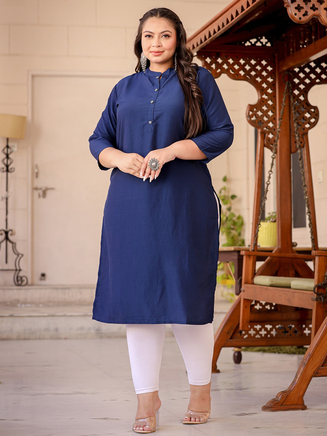 Blue Plus Size Kurta With Mandarin Collar-Yufta Store-1281PKURBL3XL