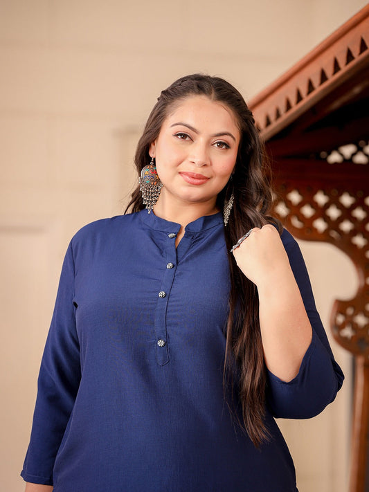 Blue Plus Size Kurta With Mandarin Collar-Yufta Store-1281PKURBL3XL