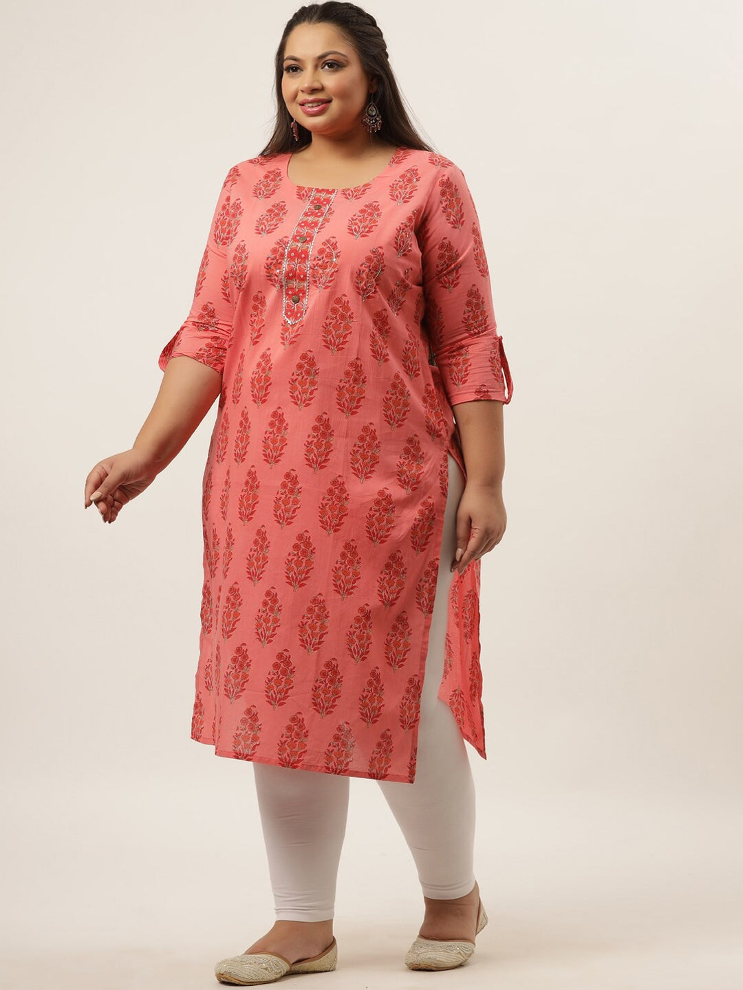 Plus Size Peach Ethnic Motifs Printed Kurta