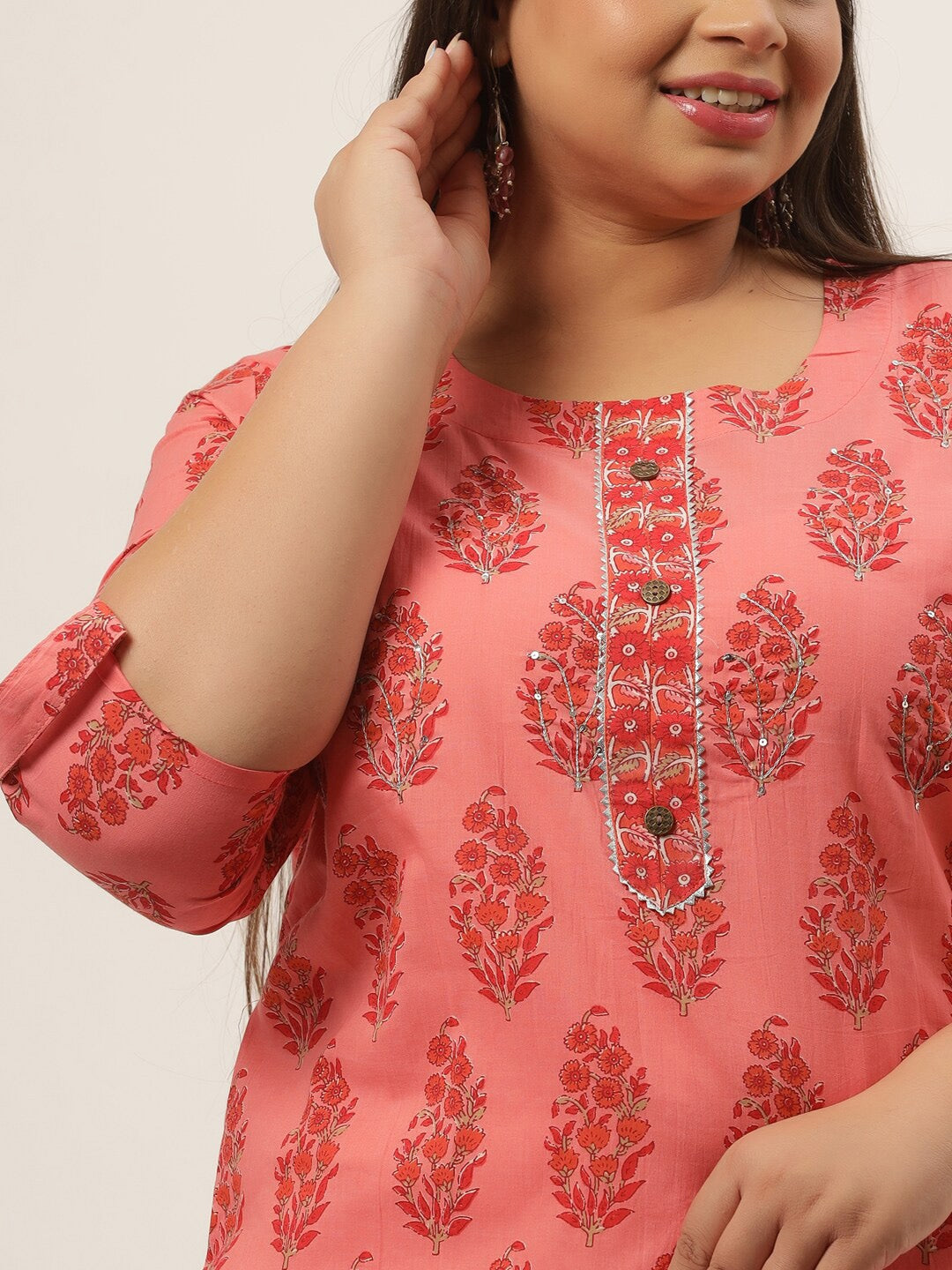 Plus Size Peach Ethnic Motifs Printed Kurta