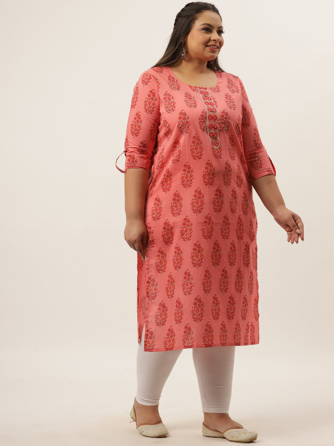 Plus Size Peach Ethnic Motifs Printed Kurta