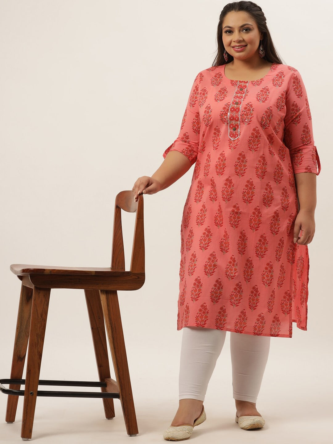 Plus Size Peach Ethnic Motifs Printed Kurta