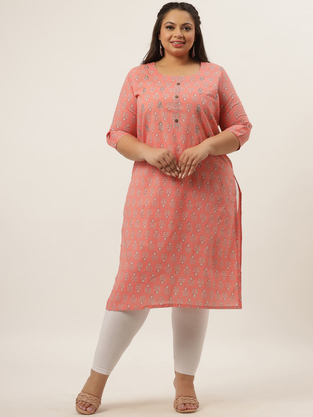 Plus Size Peach Printed Woven design Kurta