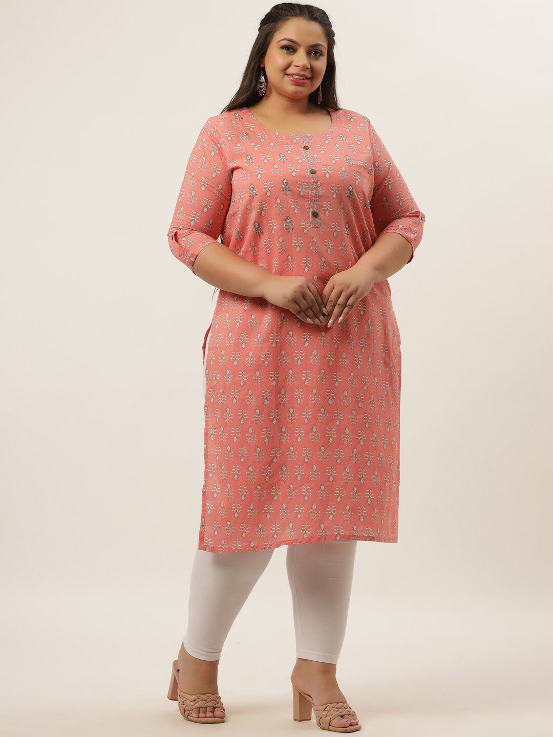 Plus Size Peach Printed Woven design Kurta