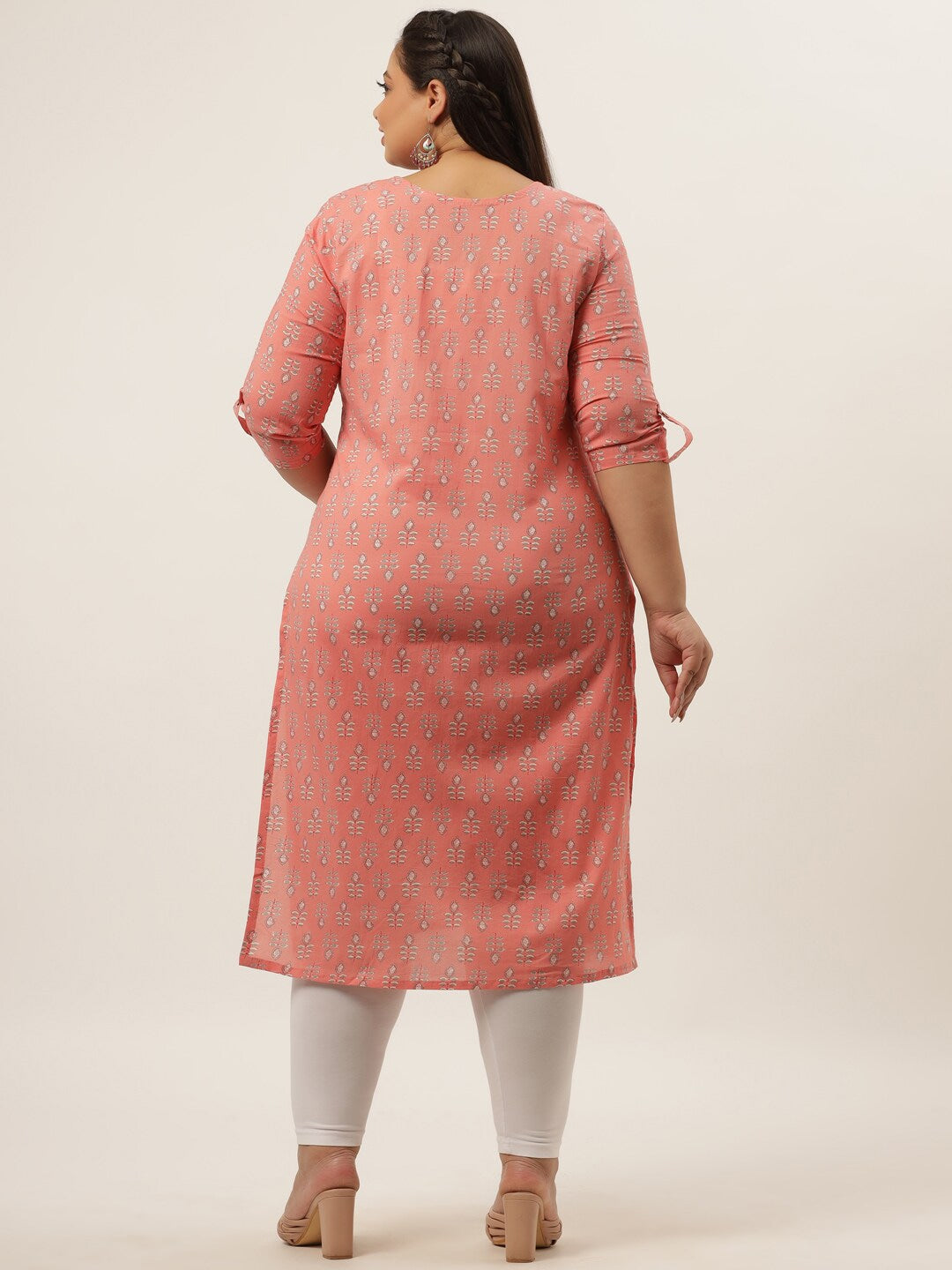 Plus Size Peach Printed Woven design Kurta