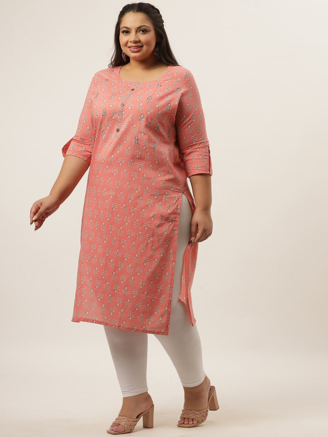 Plus Size Peach Printed Woven design Kurta