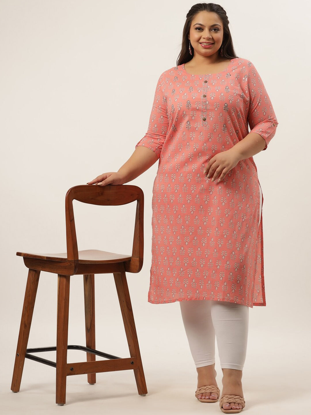 Plus Size Peach Printed Woven design Kurta