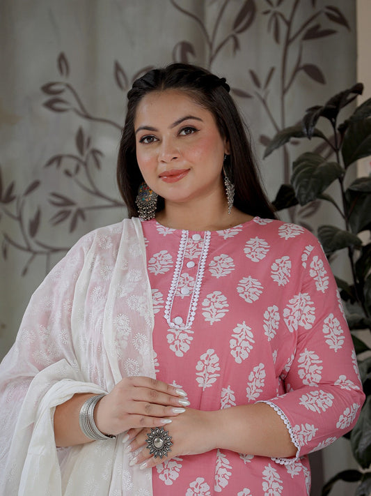 Plus Size Pink Ethnic Printed Straight Pure Cotton Kurta with Trousers And Dupatta-Yufta Store-9720PSKDPK3XL