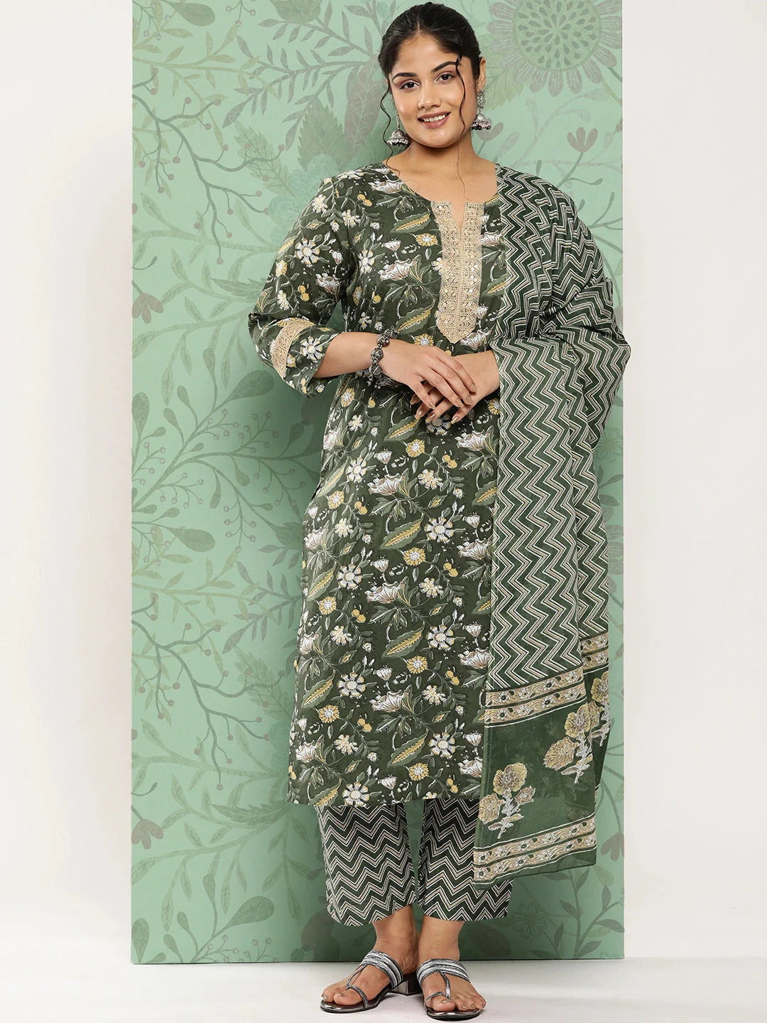 Plus Size Printed Sequinned Cotton Kurta Dupatta Set-Yufta Store-1120PSKDGR3XL