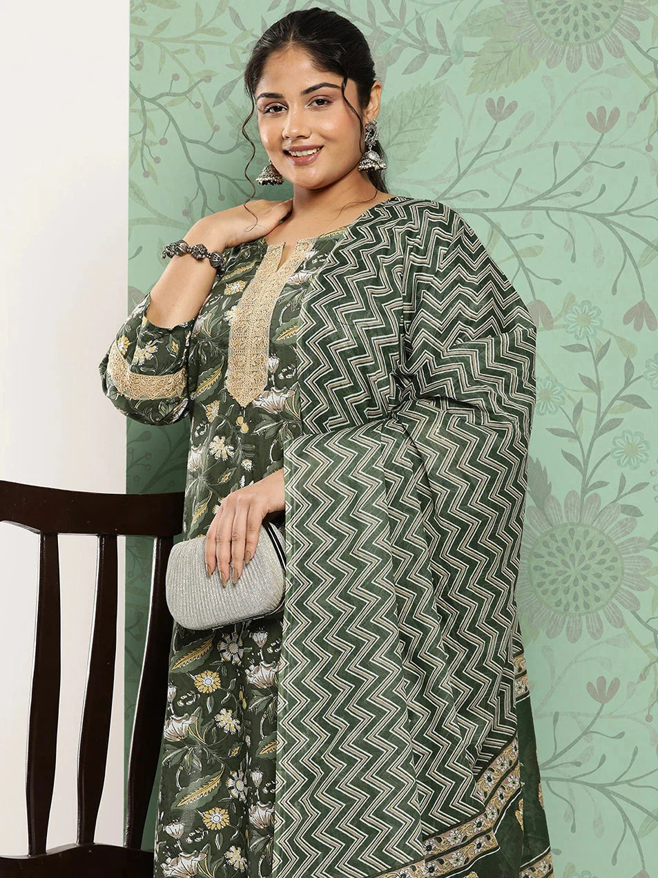 Plus Size Printed Sequinned Cotton Kurta Dupatta Set-Yufta Store-1120PSKDGR3XL