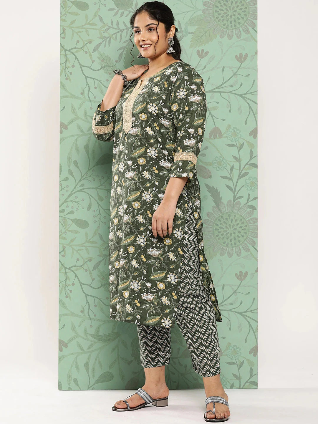 Plus Size Printed Sequinned Cotton Kurta Dupatta Set-Yufta Store-1120PSKDGR3XL