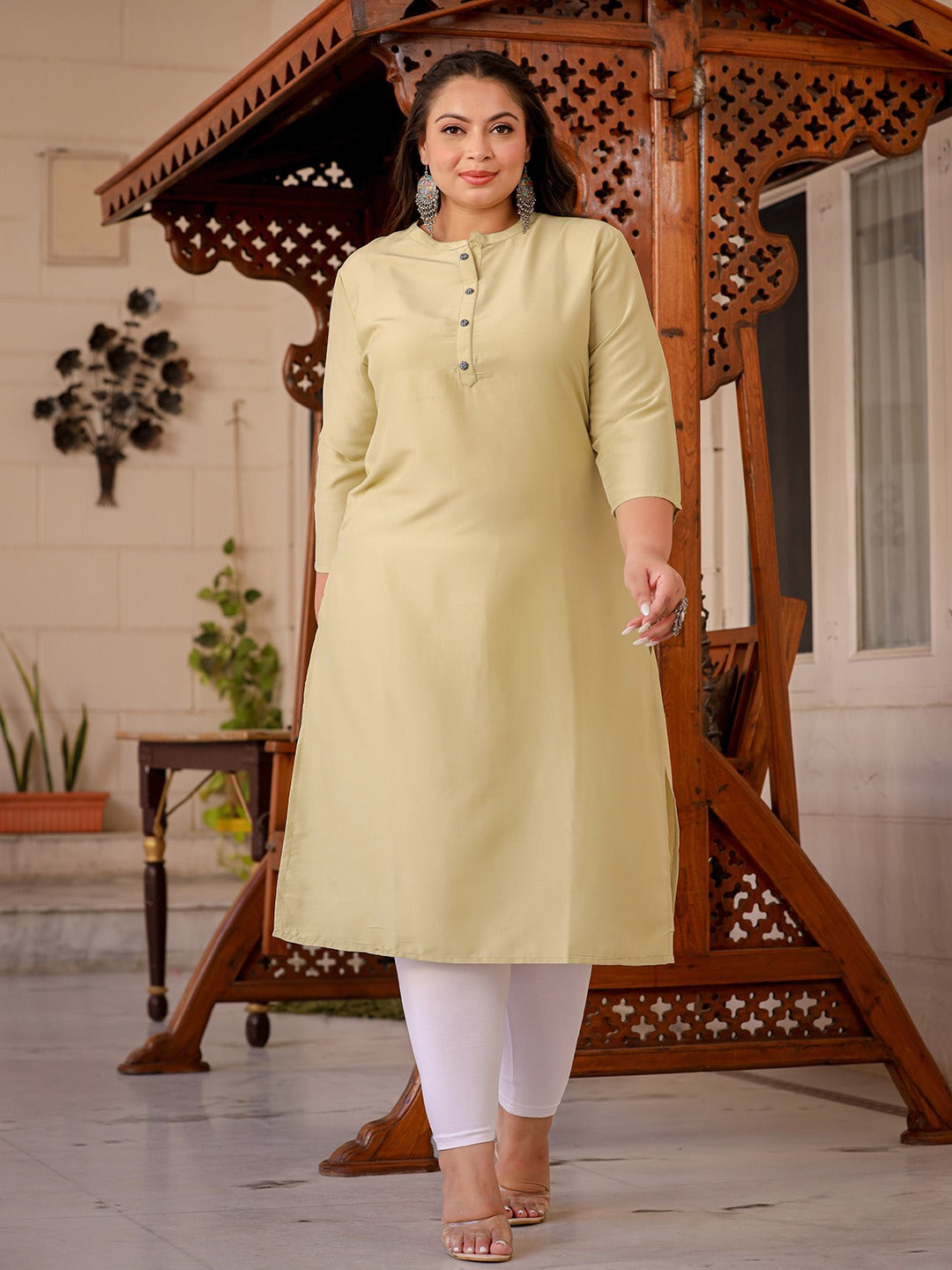 Light Green Straight Plus Size Kurta Women-Yufta Store-1281PKURGR3XL