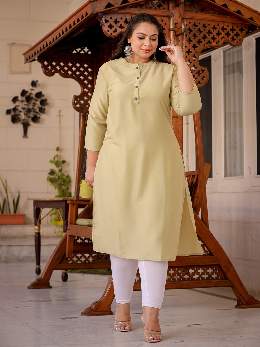 Light Green Straight Plus Size Kurta Women-Yufta Store-1281PKURGR3XL