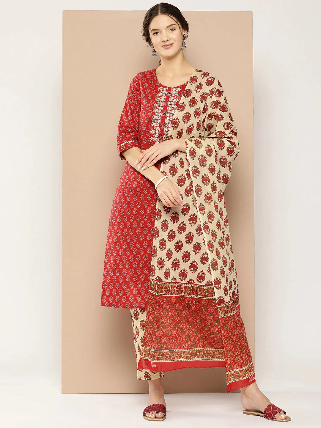 Printed Cotton Kurta Dupatta Set-Yufta Store-1179SKDRDM