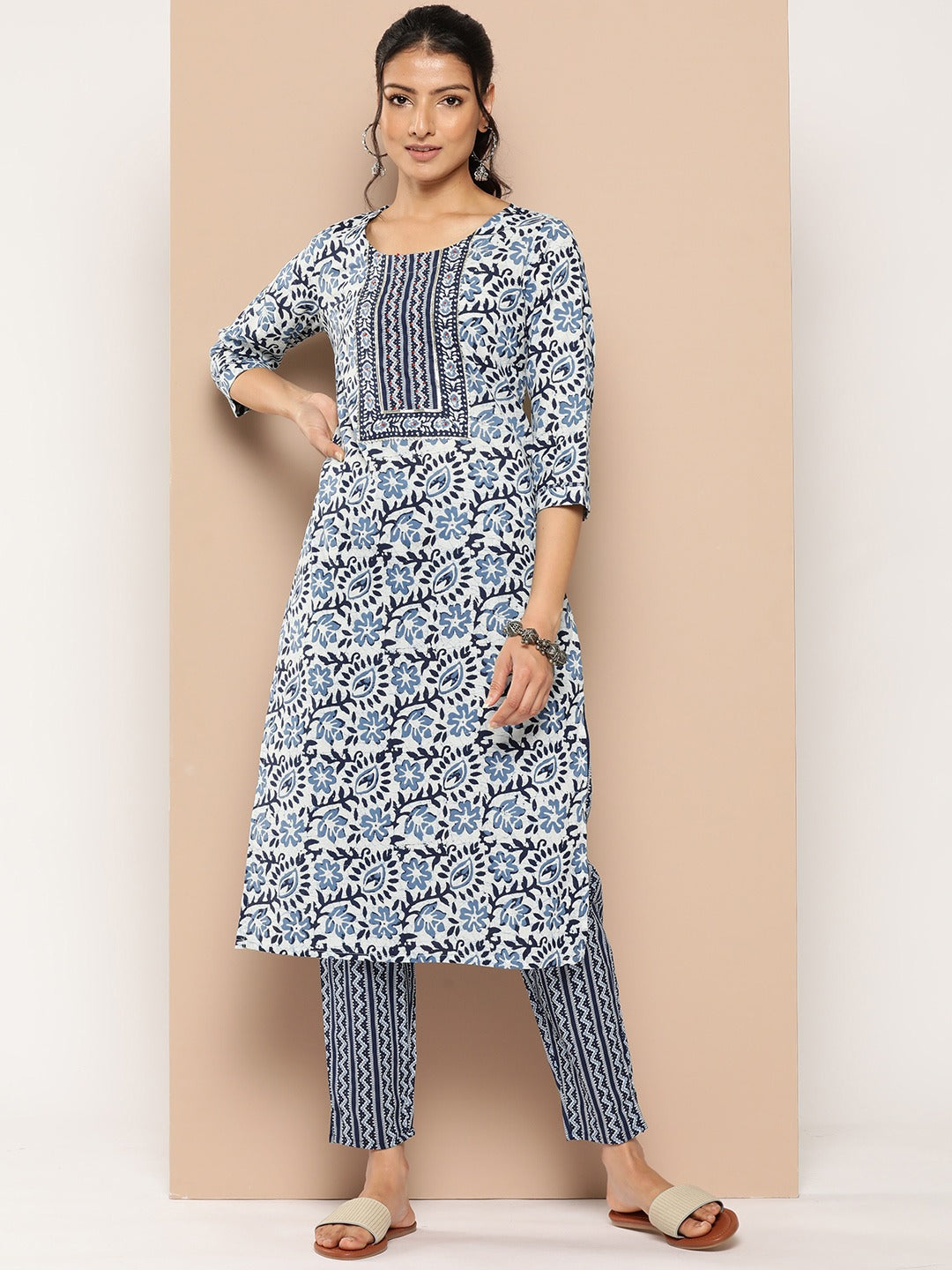 Printed Gotta Patti Cotton Kurta Set-Yufta Store-1173SETBLM