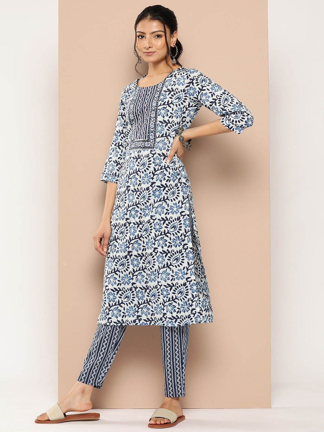 Printed Gotta Patti Cotton Kurta Set-Yufta Store-1173SETBLM