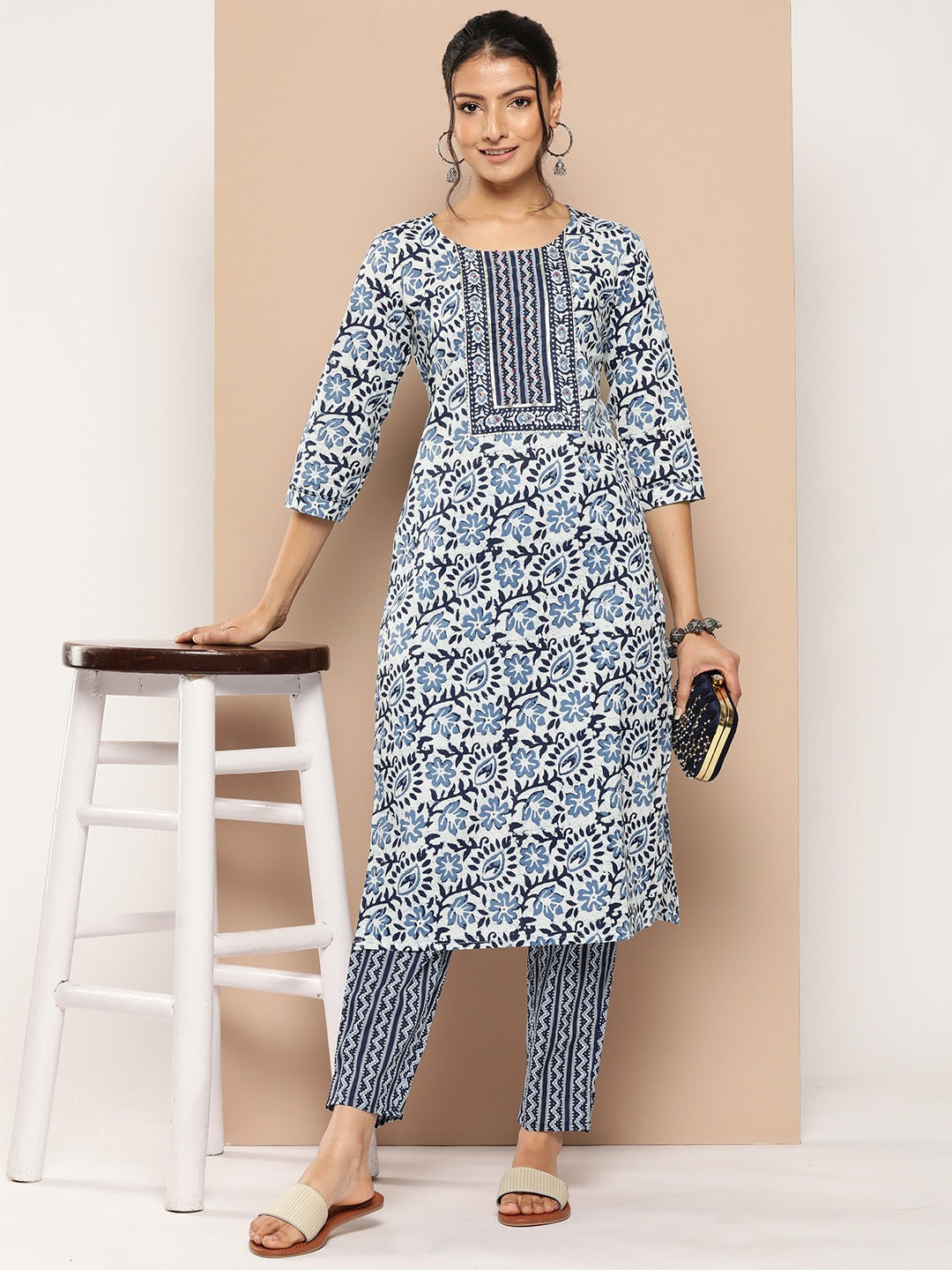 Printed Gotta Patti Cotton Kurta Set-Yufta Store-1173SETBLM