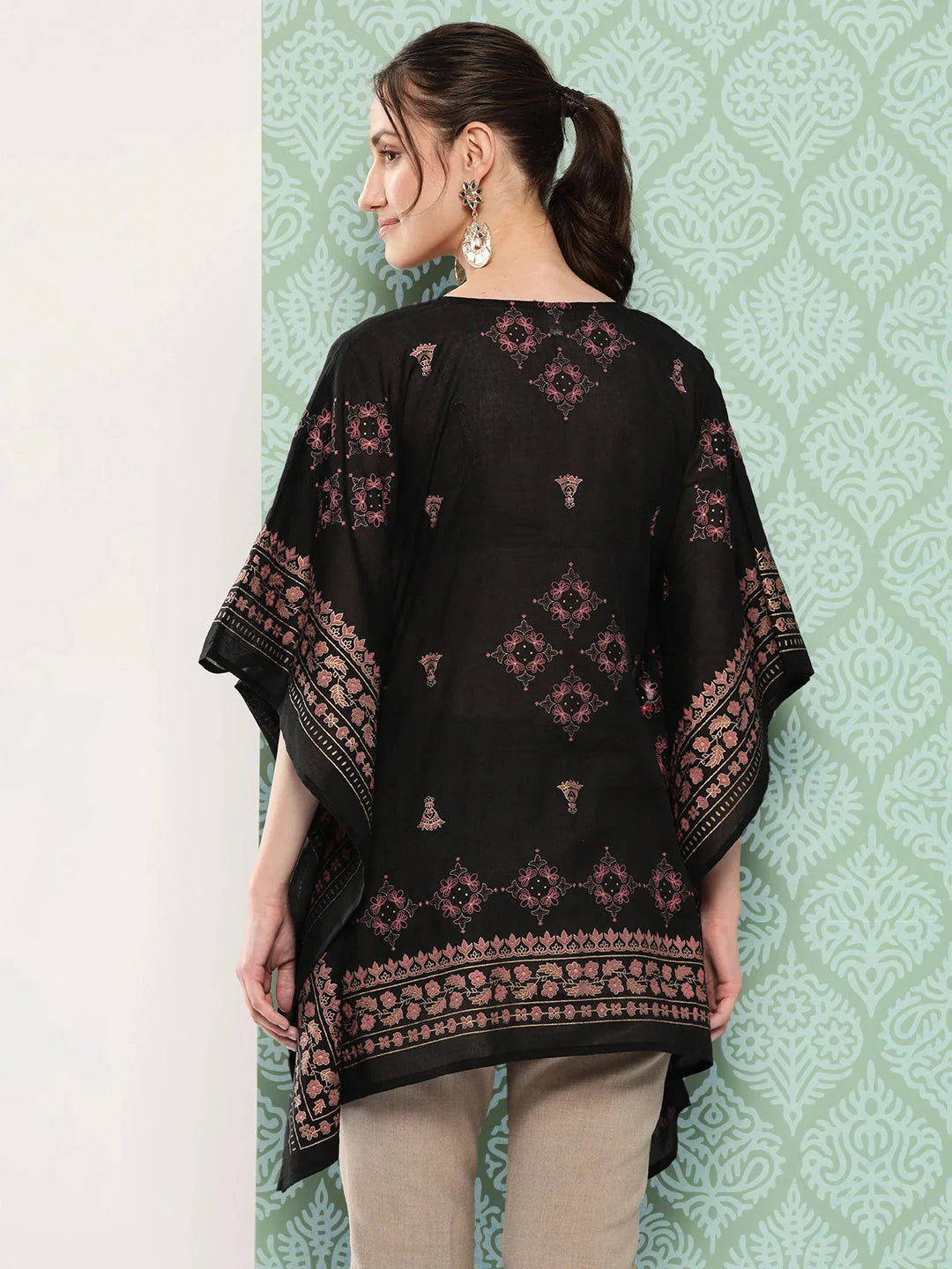 Printed Kimono Sleeve Ethnic Kaftan Top-Yufta Store-1397TOPBKS