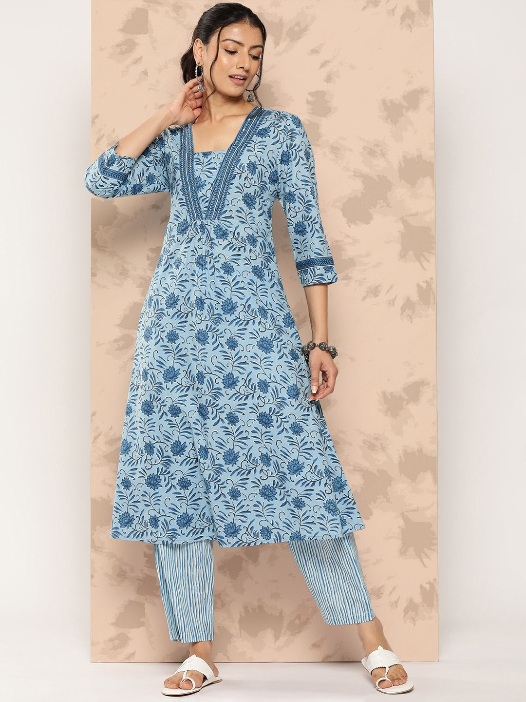 Printed Pure Cotton Kurta Set-Yufta Store-1153SETBLS