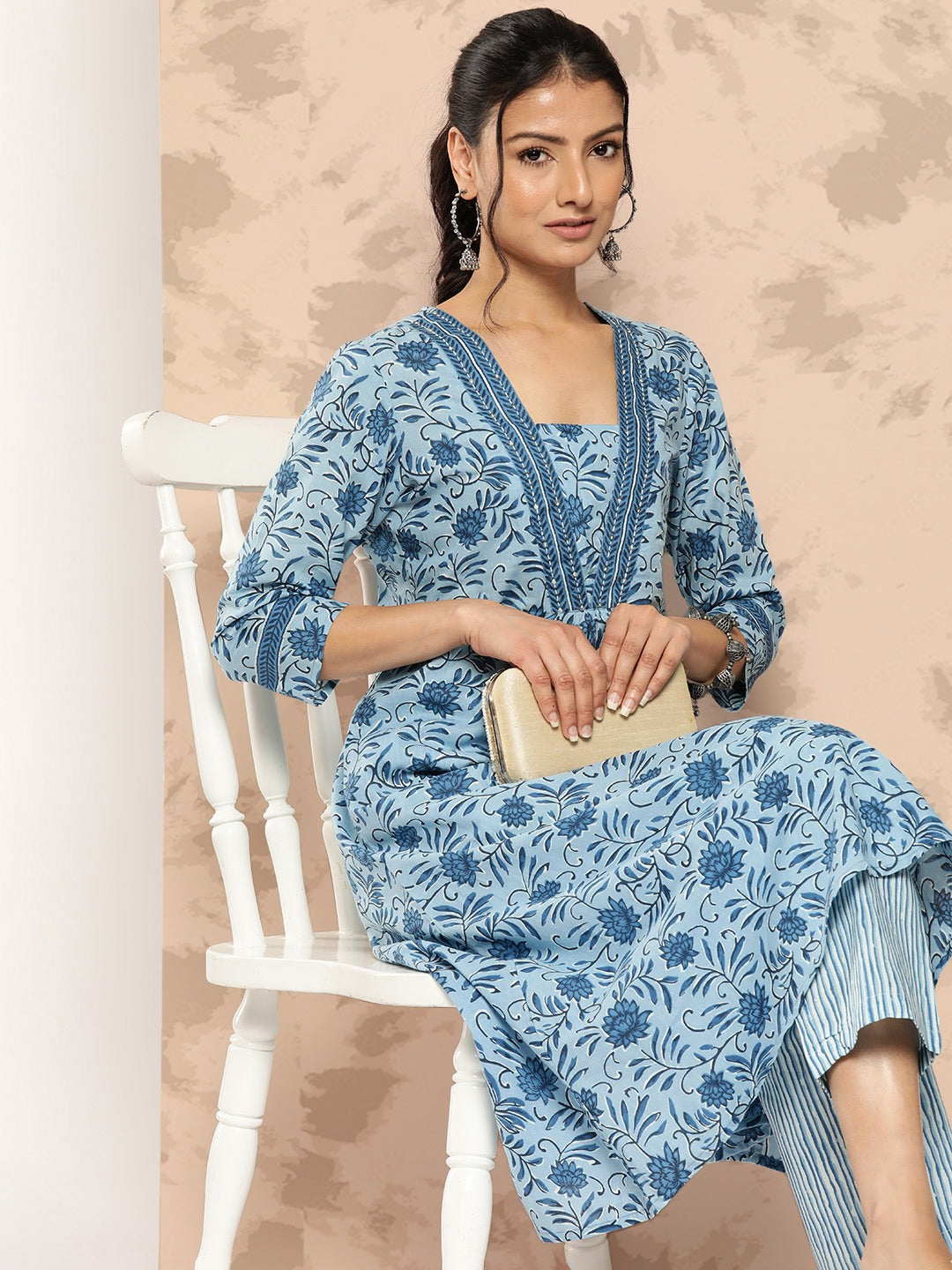 Printed Pure Cotton Kurta Set-Yufta Store-1153SETBLS