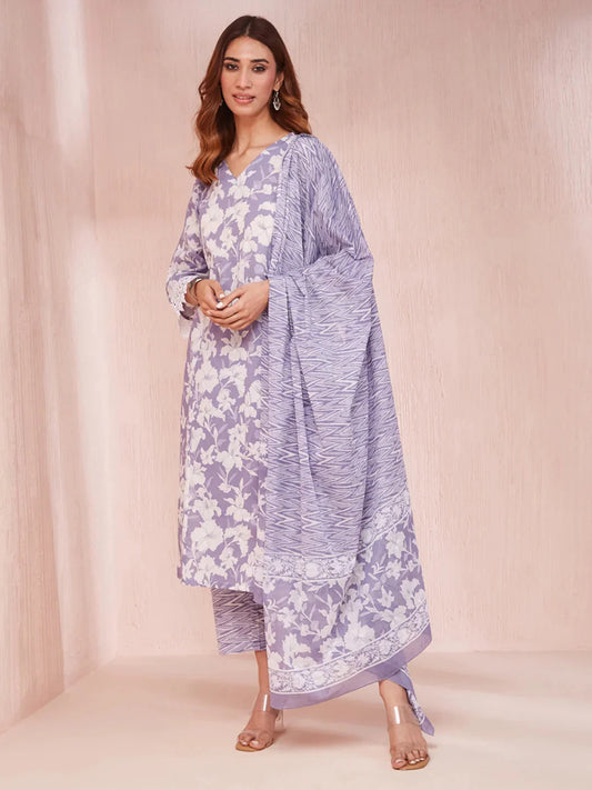 Purple And White Floral Print Lese Sleeves V-Neck Straight Kurta Trouser Set-Yufta Store-6862SKDPRS