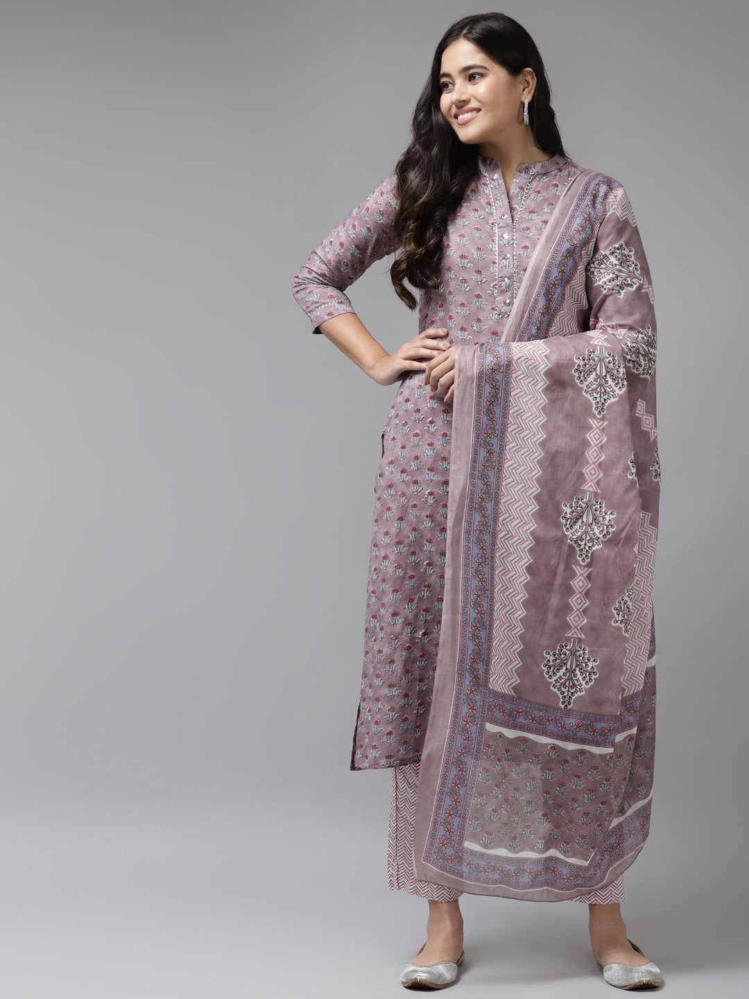 Purple Printed Dupatta Set