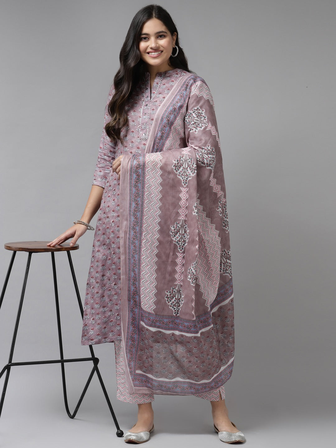 Purple Printed Dupatta Set