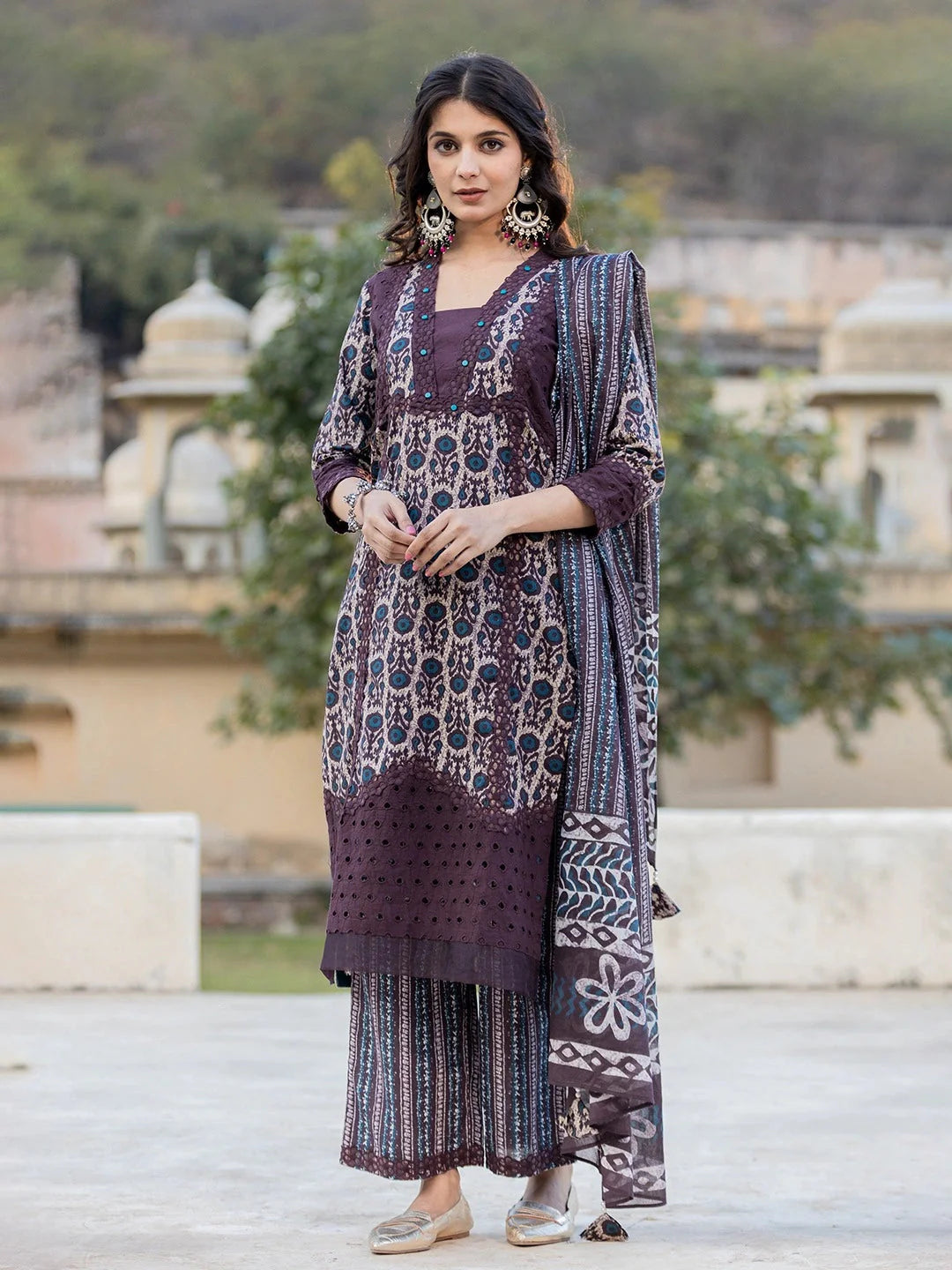 Purple Printed Kurta Dupatta Set-Yufta Store-6802SKDPRS