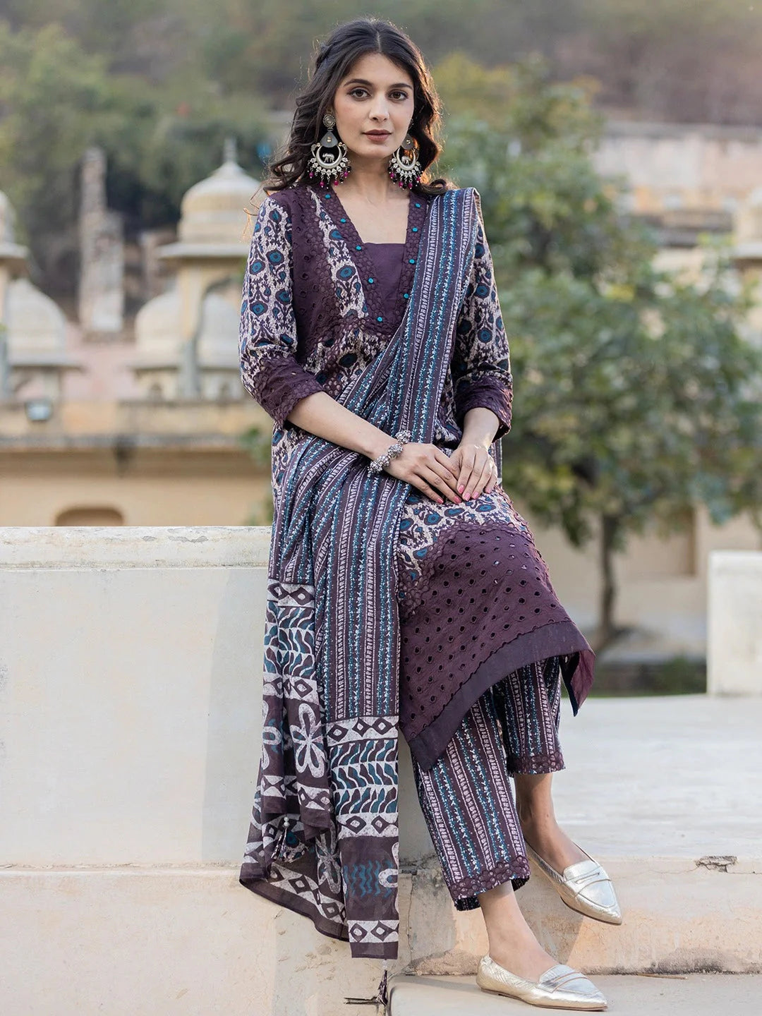 Purple Printed Kurta Dupatta Set-Yufta Store-6802SKDPRS