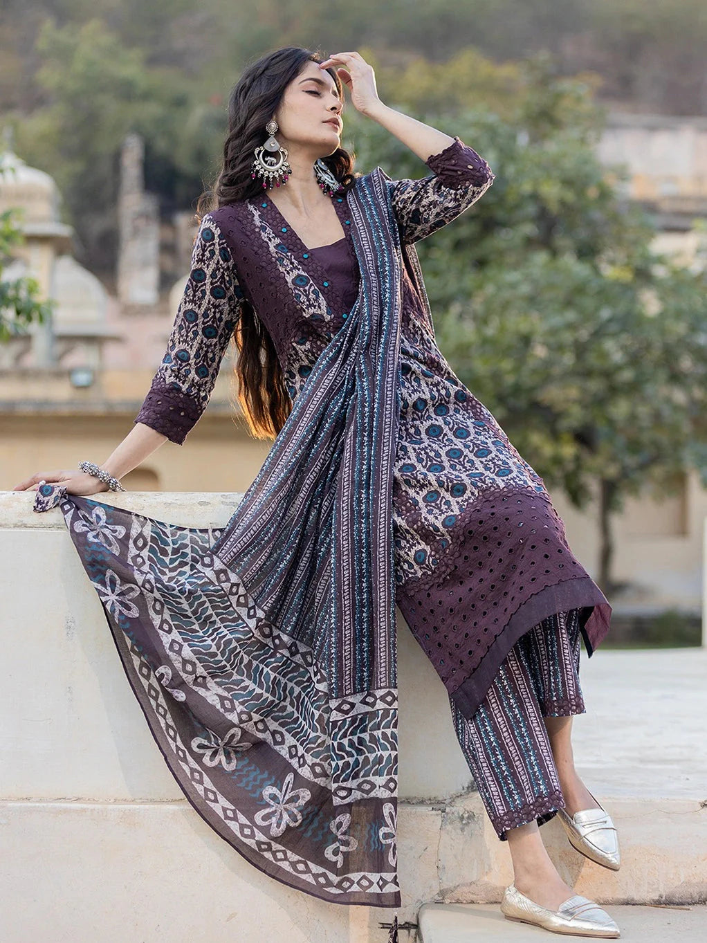 Purple Printed Kurta Dupatta Set-Yufta Store-6802SKDPRS