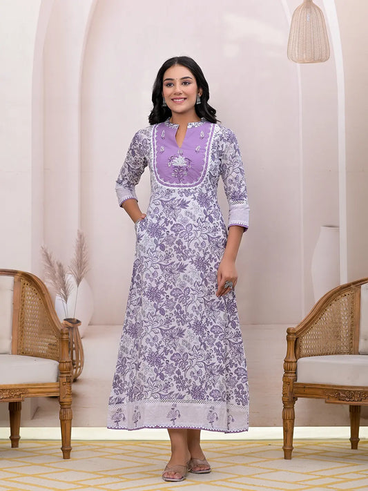 Purple Resham_Embroidery Cotton A-Liine Dress-Yufta Store-6807DRSPRS