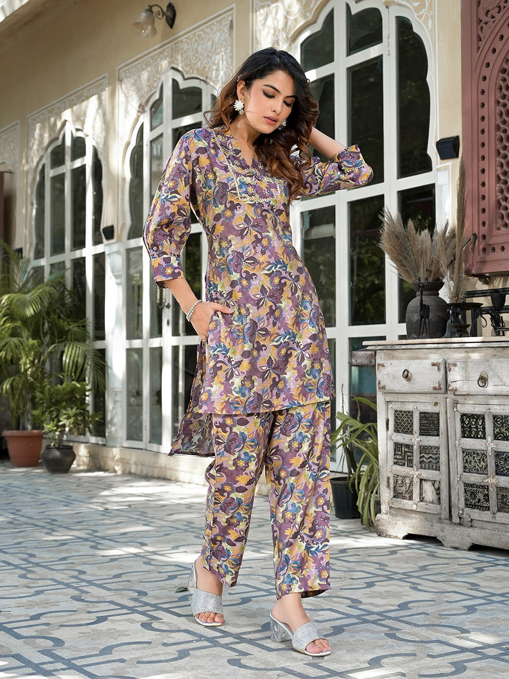 Purple Silk blend Floral Print Co-ord set-Yufta Store-1810CRDPRS