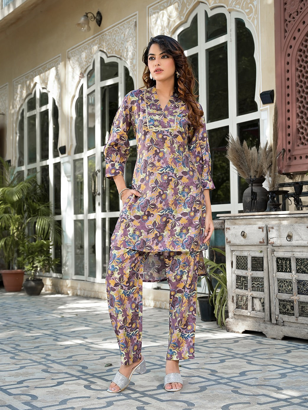 Purple Silk blend Floral Print Co-ord set-Yufta Store-1810CRDPRS