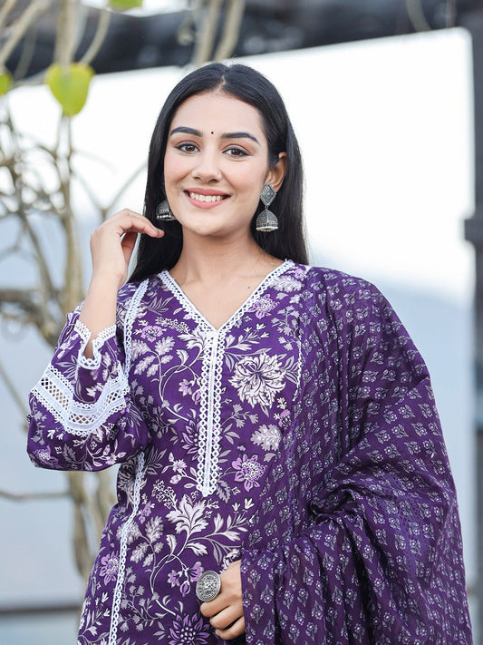 Purple pure Cotton kurta dupatta set with Thread_Work detailing-Yufta Store-1809SKDPRS